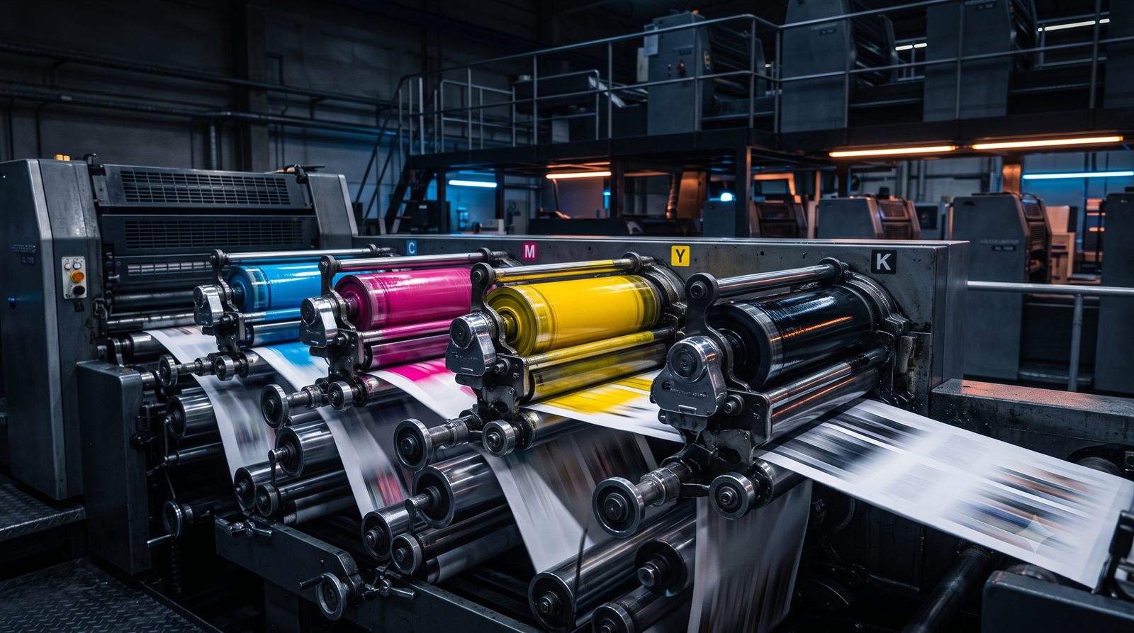 Multi-colour offset press running at speed